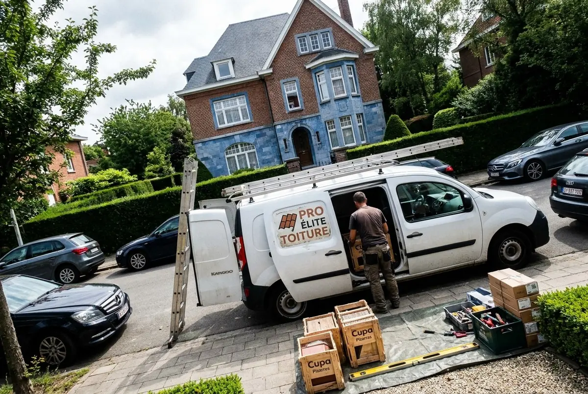 Camionnette Pro Élite garée devant une villa en brique à Uccle, matériel de couverture déchargé