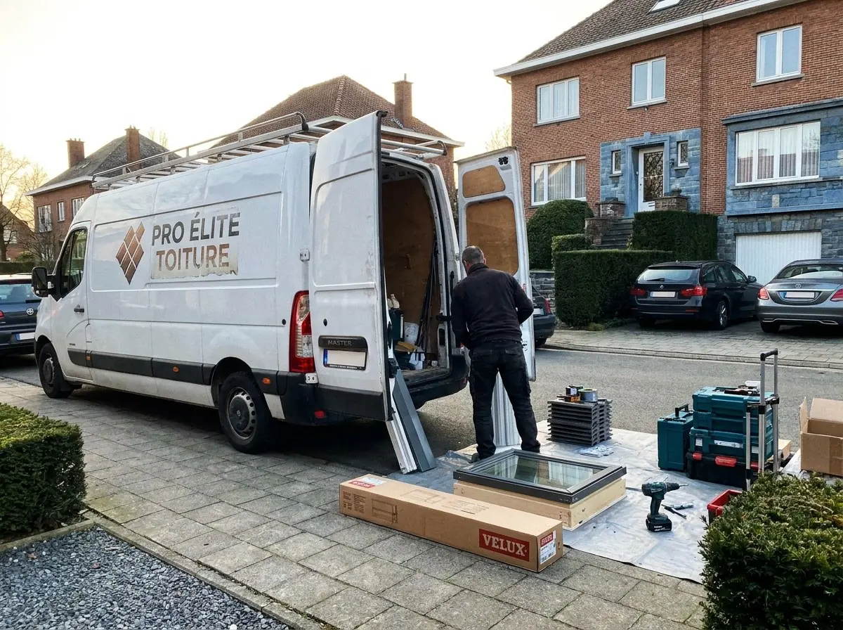 Couvreur préparant la pose d'une fenêtre de toit devant une maison de maître uccloise