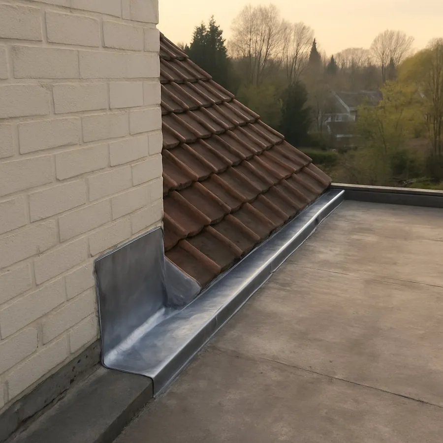 Solin en zinc entre un mur et un toit plat en roofing